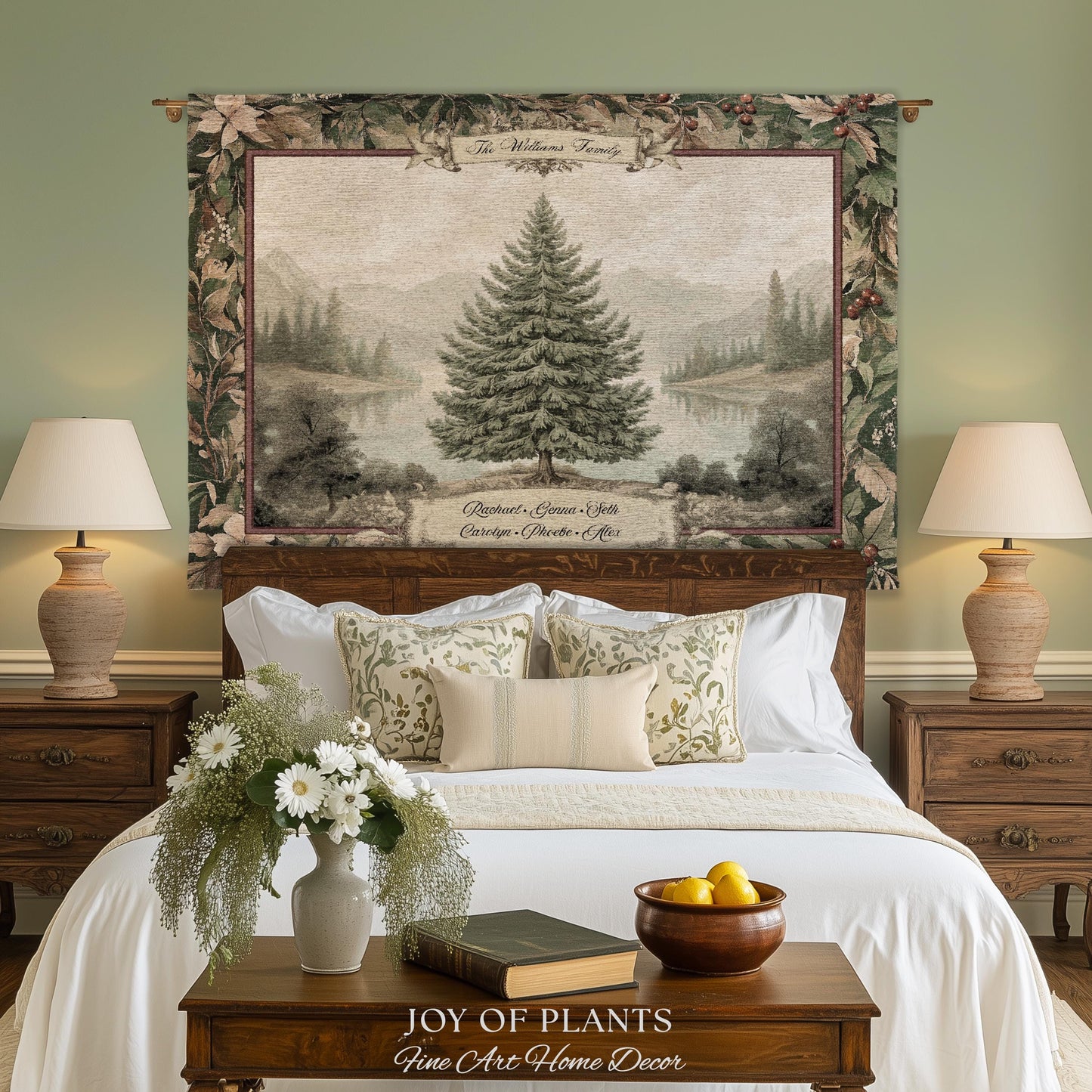 Personalized Family Keepsake Heritage Holiday Tapestry with Names Gift | Custom Heirloom Throw Blanket Scenic Evergreen Woven Wall Hanging