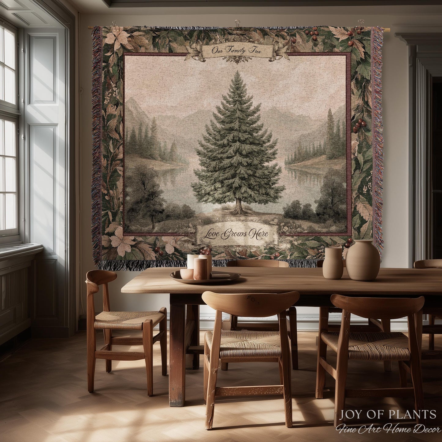 Personalized Family Keepsake Heritage Holiday Tapestry with Names Gift | Custom Heirloom Throw Blanket Scenic Evergreen Woven Wall Hanging