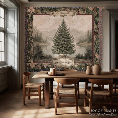 Personalized Family Keepsake Heritage Holiday Tapestry with Names Gift | Custom Heirloom Throw Blanket Scenic Evergreen Woven Wall Hanging