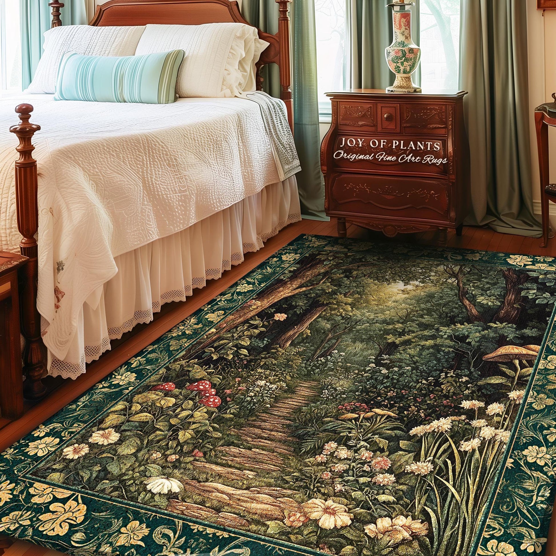May include: A rectangular rug with a forest scene, featuring a stone path winding through lush greenery, flowers, and trees. The rug has a dark green border with floral patterns. The text "JOY OF PLANTS Original Fine Art Rugs" is visible on a wooden nightstand.