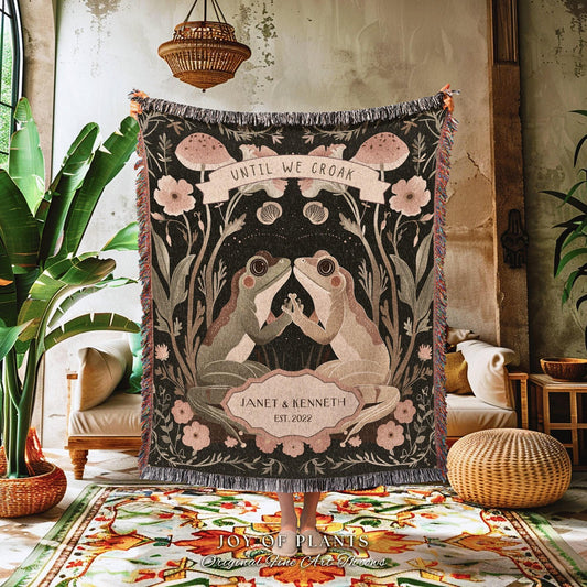 Cottagecore Frog and Toad Couple Personalized | Woodland Frog Lovers Tapestry Woven Throw Cotton Anniversary Blanket Name Gift for Husband