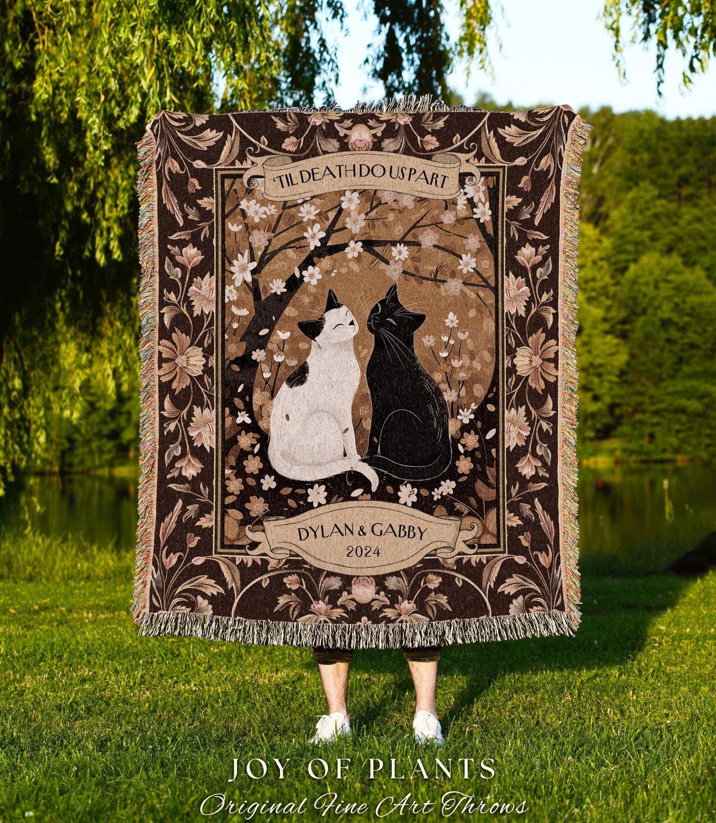 Romantic Cat Couple Custom Woven Blanket | Ethereal Woodland Aesthetic Woven Throw Custom Dark Academia Gift for Girlfriend Enchanted Forest