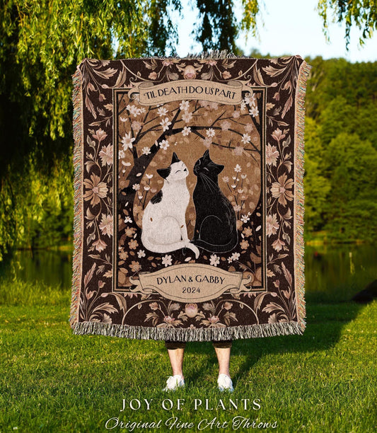 Romantic Cat Couple Custom Woven Blanket | Ethereal Woodland Aesthetic Woven Throw Custom Dark Academia Gift for Girlfriend Enchanted Forest