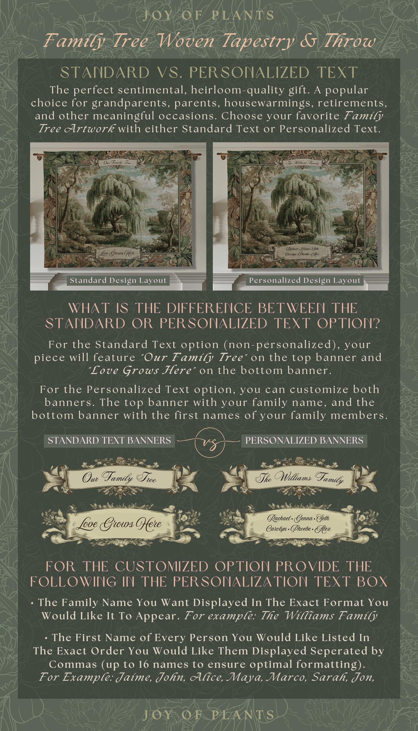 Heirloom Style Custom Weeping Willow Verdure Family Tree Woven Tapestry, Romantic Countryside Wall Hanging Generational Heritage Textile Art