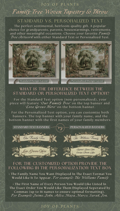 Heirloom Style Custom Weeping Willow Verdure Family Tree Woven Tapestry, Romantic Countryside Wall Hanging Generational Heritage Textile Art