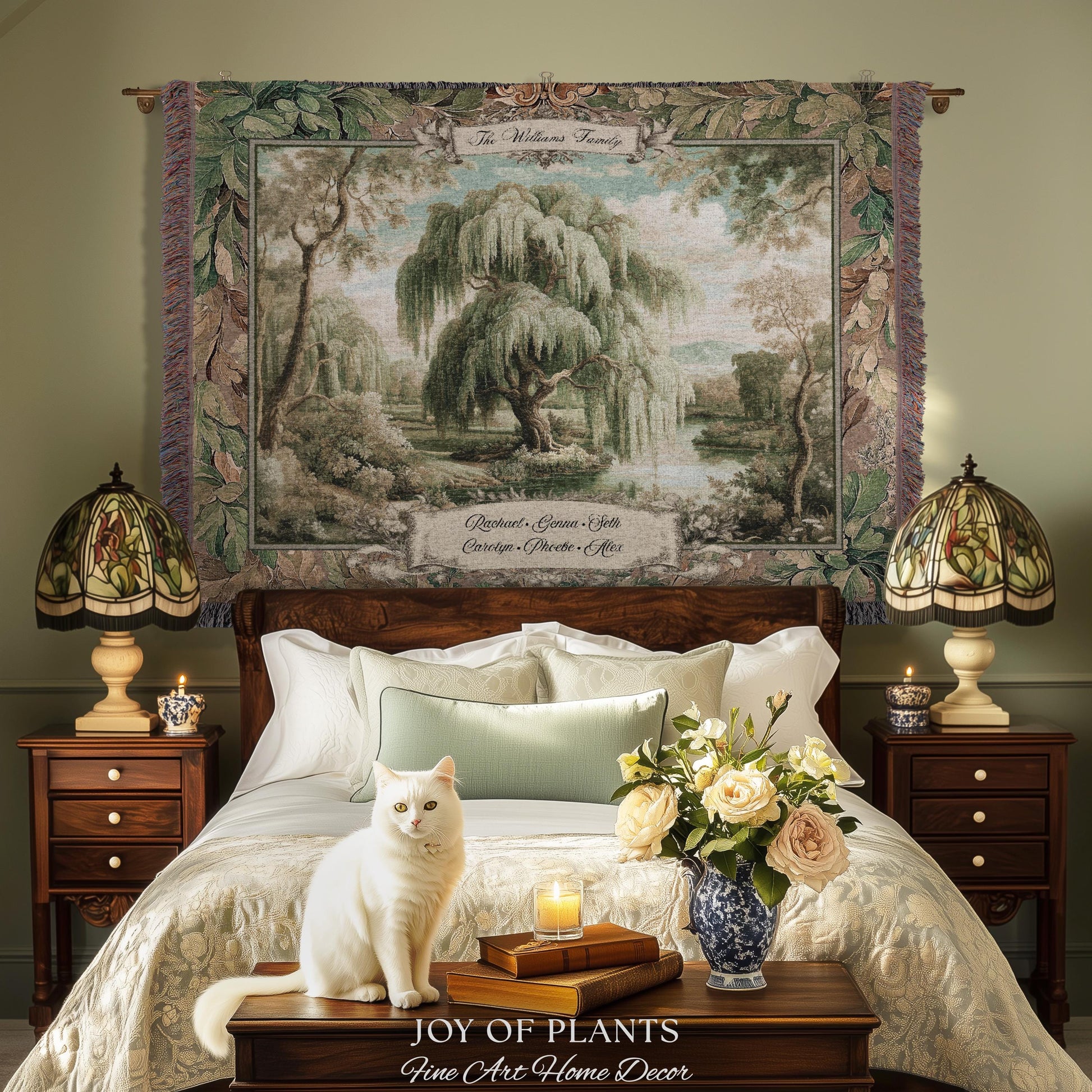 Heirloom Style Custom Weeping Willow Verdure Family Tree Woven Tapestry, Romantic Countryside Wall Hanging Generational Heritage Textile Art