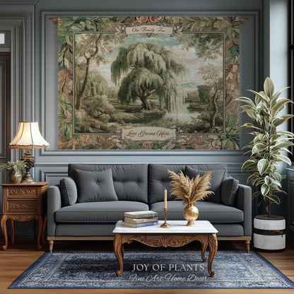 Heirloom Style Custom Weeping Willow Verdure Family Tree Woven Tapestry, Romantic Countryside Wall Hanging Generational Heritage Textile Art