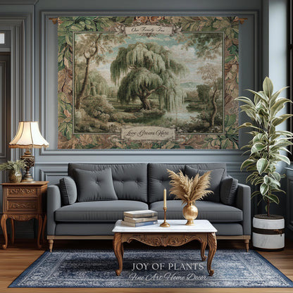 Heirloom Style Custom Weeping Willow Verdure Family Tree Woven Tapestry, Romantic Countryside Wall Hanging Generational Heritage Textile Art