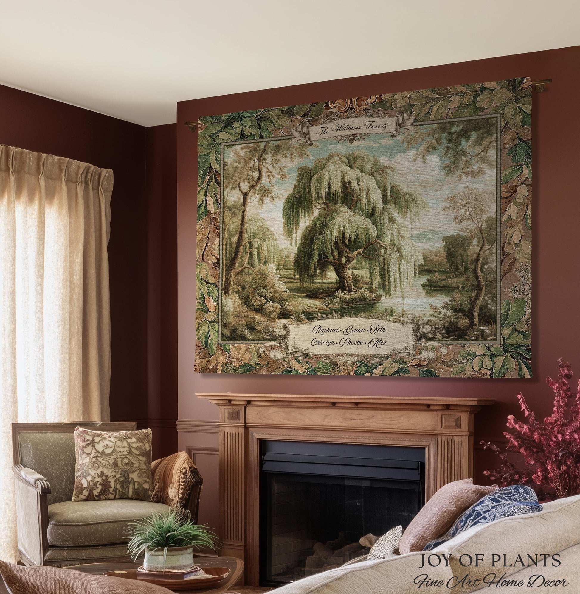 Heirloom Style Custom Weeping Willow Verdure Family Tree Woven Tapestry, Romantic Countryside Wall Hanging Generational Heritage Textile Art