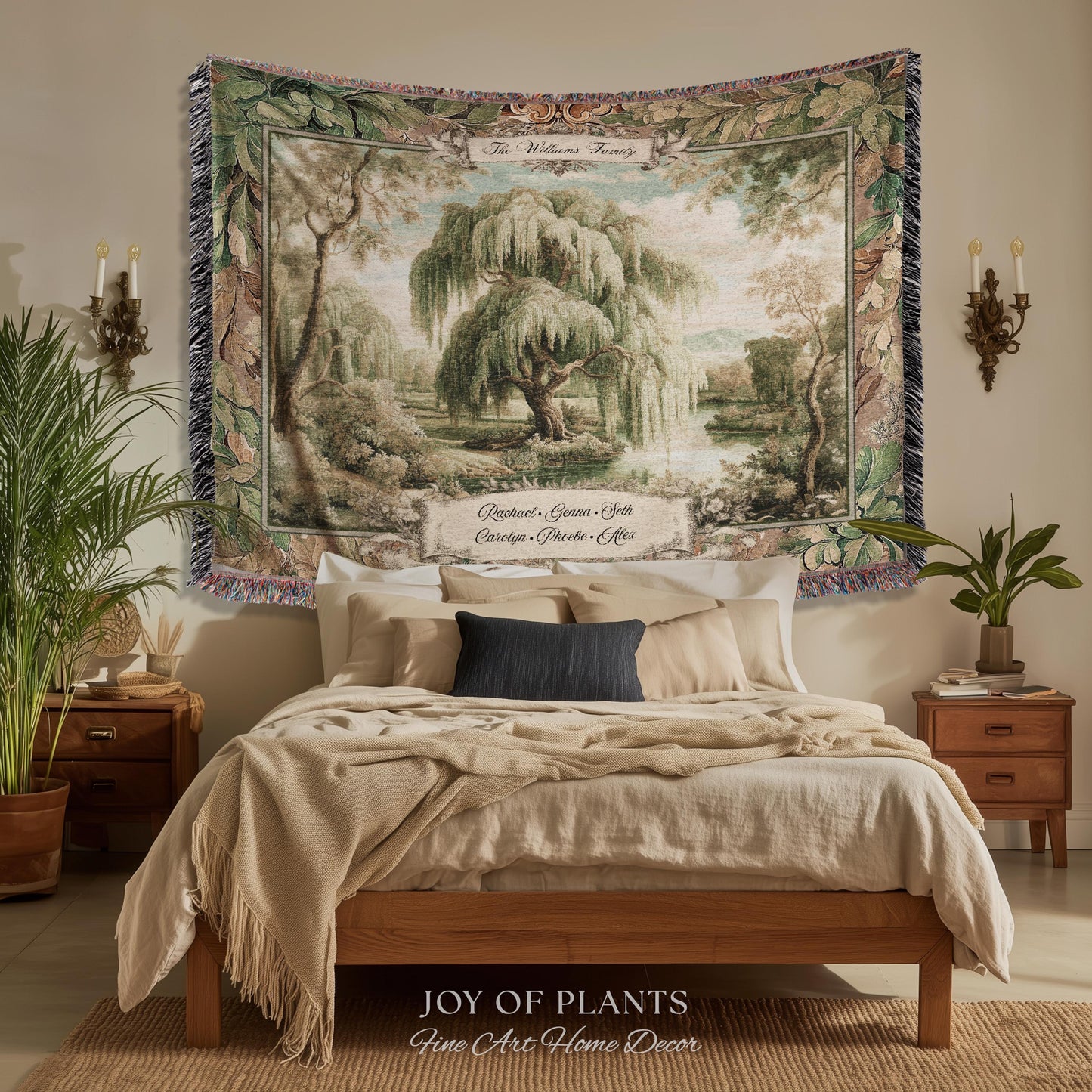 Heirloom Style Custom Weeping Willow Verdure Family Tree Woven Tapestry, Romantic Countryside Wall Hanging Generational Heritage Textile Art