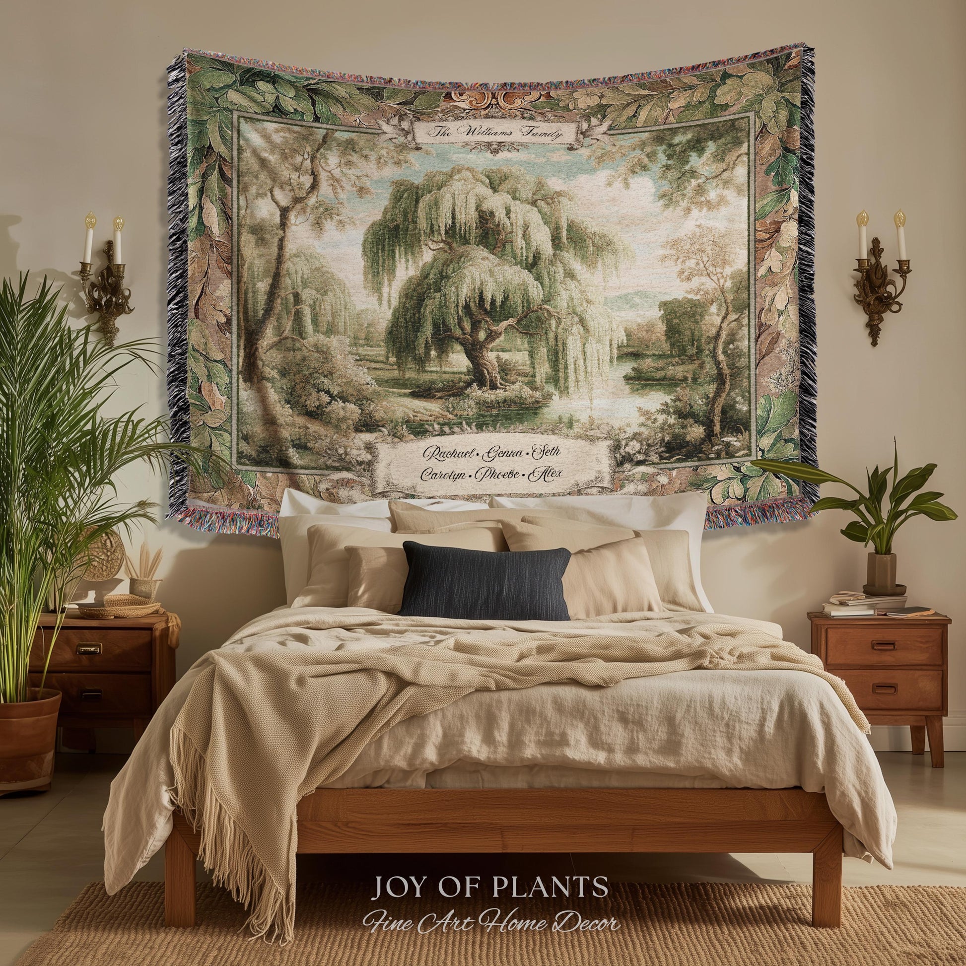 Heirloom Style Custom Weeping Willow Verdure Family Tree Woven Tapestry, Romantic Countryside Wall Hanging Generational Heritage Textile Art