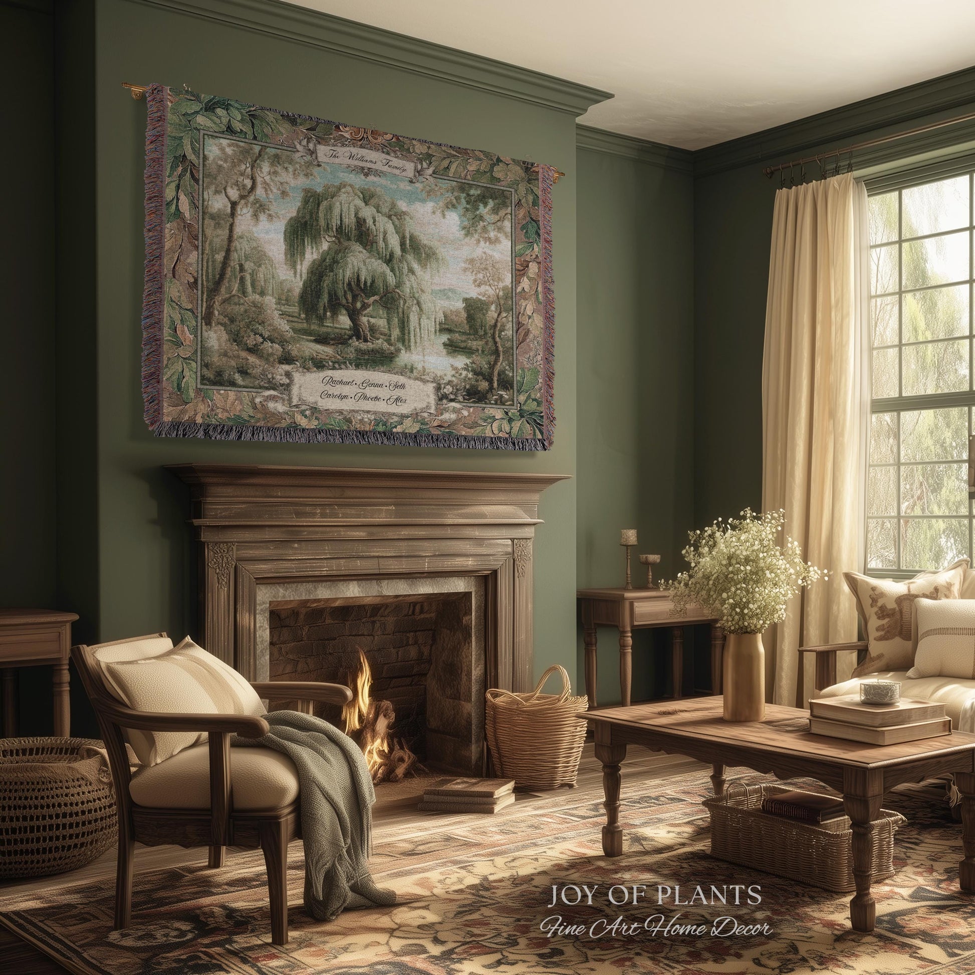 Heirloom Style Custom Weeping Willow Verdure Family Tree Woven Tapestry, Romantic Countryside Wall Hanging Generational Heritage Textile Art