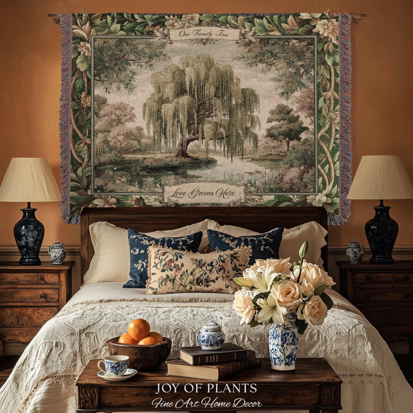 Rustic Elegance Whimsical Willow Tree Personalized Family Name Tapestry Throw | Botanical Cottagecore Custom Heritage Woven Blanket Wall Art
