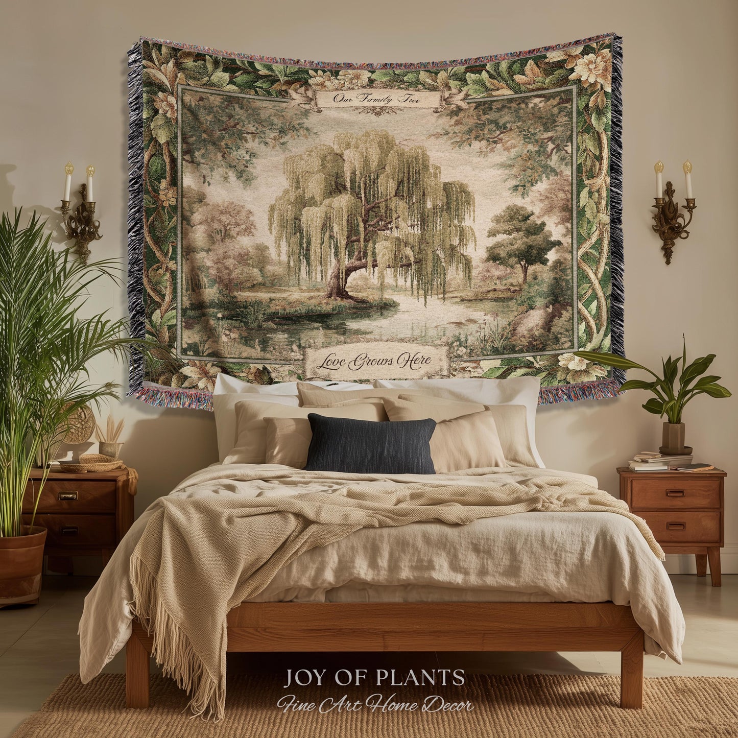Rustic Elegance Whimsical Willow Tree Personalized Family Name Tapestry Throw | Botanical Cottagecore Custom Heritage Woven Blanket Wall Art