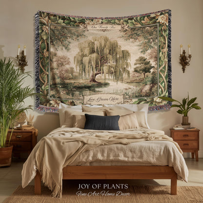 Rustic Elegance Whimsical Willow Tree Personalized Family Name Tapestry Throw | Botanical Cottagecore Custom Heritage Woven Blanket Wall Art