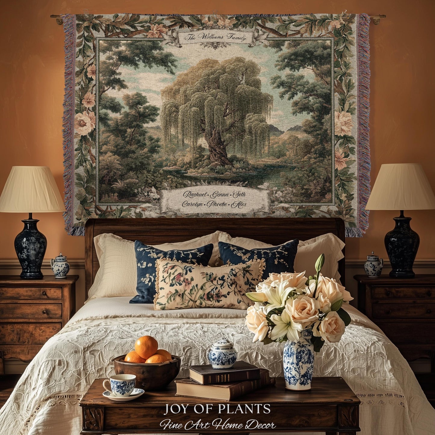 Traditional Woven Custom Family Tree Sentimental Gift | Floral Victorian Verdure Tapestry Throw Personalized Heirloom Elegant Willow Artwork