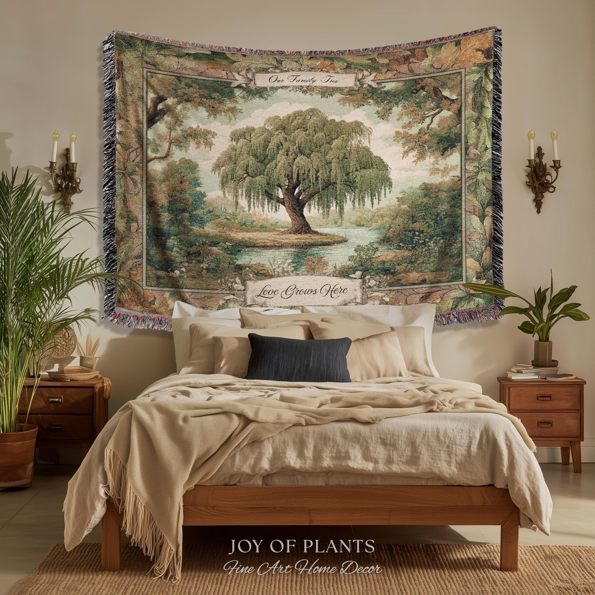Pastoral Family Tree Wall Tapestry Custom Keepsake Gift | Personalized Heritage Blanket Woven Jacquard Verdure Classical Weeping Willow Art