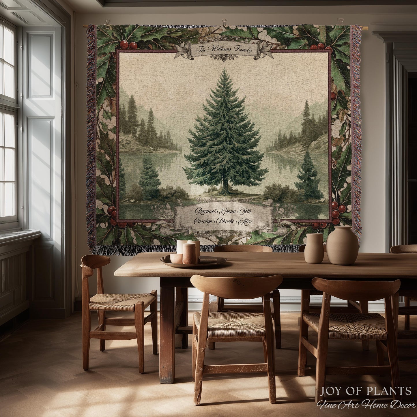 Christmas Traditions Custom Woven Wall Art | Personalized Heritage Tapestry Nostalgic Evergreen Landscape Family Heirloom Sentimental Decor