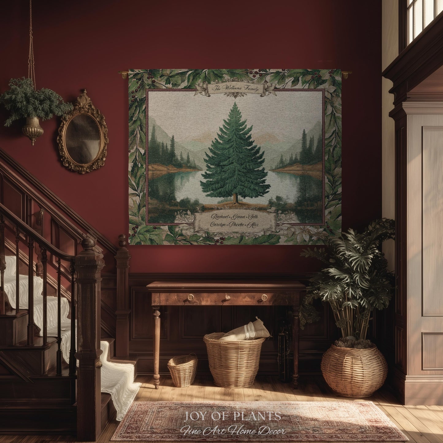 Nostalgic Holiday Tree Tapestry Custom Family Name | Personalized Pine Tree Rust Elegance Christmas Traditional Home Meaningful Woven Throw