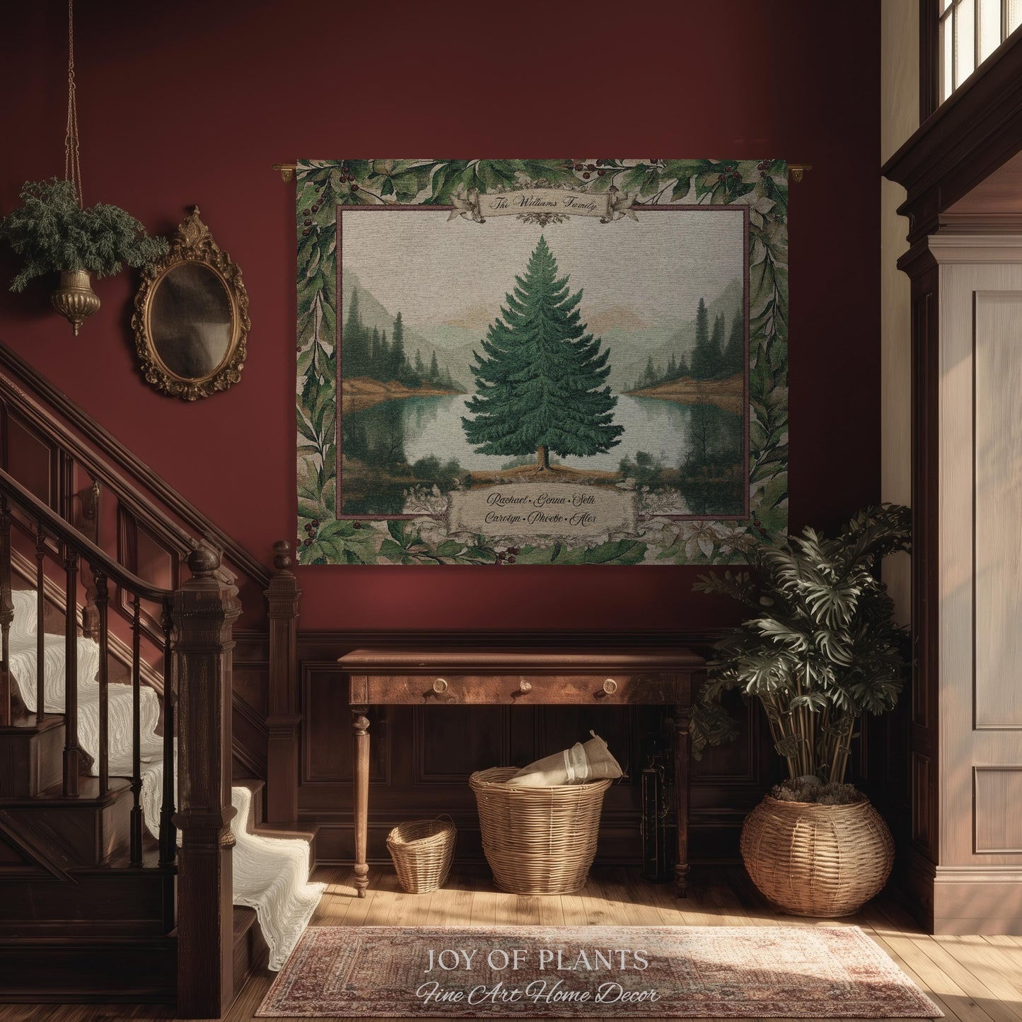 Nostalgic Holiday Tree Tapestry Custom Family Name | Personalized Pine Tree Rust Elegance Christmas Traditional Home Meaningful Woven Throw