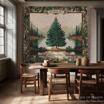 Nostalgic Holiday Tree Tapestry Custom Family Name | Personalized Pine Tree Rust Elegance Christmas Traditional Home Meaningful Woven Throw