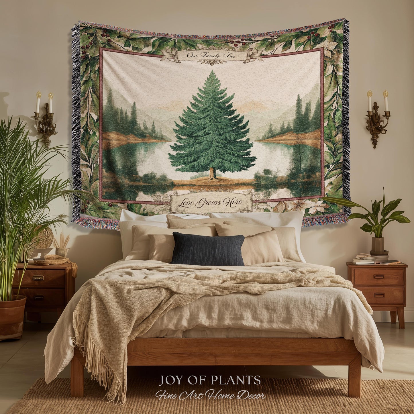 Nostalgic Holiday Tree Tapestry Custom Family Name | Personalized Pine Tree Rust Elegance Christmas Traditional Home Meaningful Woven Throw