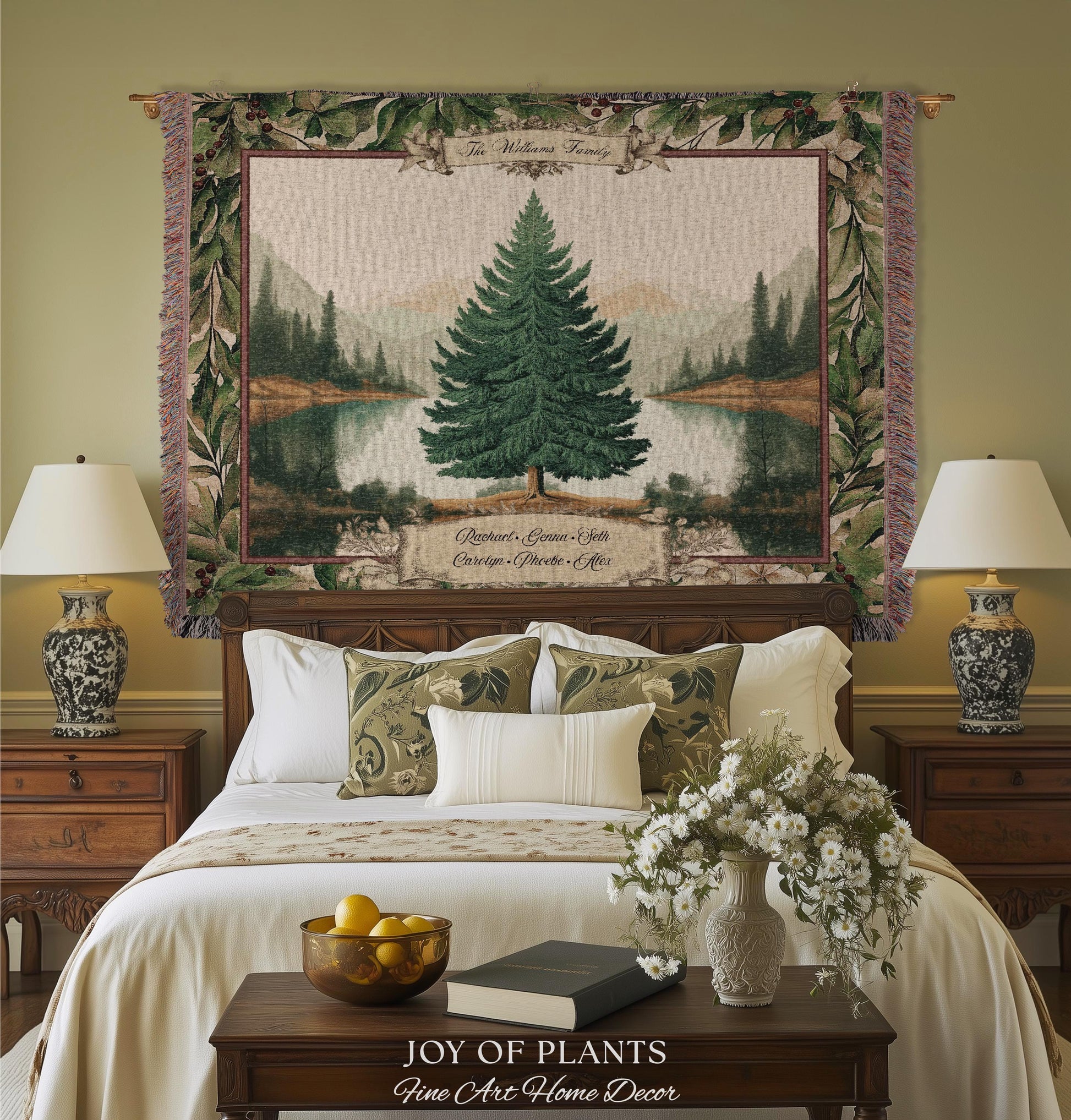 Nostalgic Holiday Tree Tapestry Custom Family Name | Personalized Pine Tree Rust Elegance Christmas Traditional Home Meaningful Woven Throw