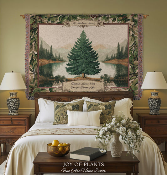 Nostalgic Holiday Tree Tapestry Custom Family Name | Personalized Pine Tree Rust Elegance Christmas Traditional Home Meaningful Woven Throw