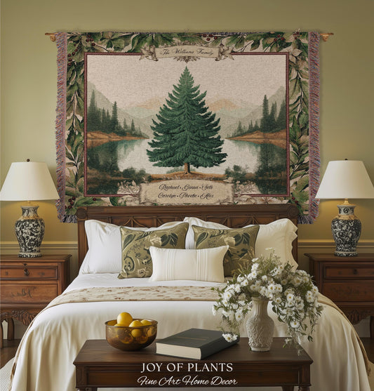 Nostalgic Holiday Tree Tapestry Custom Family Name | Personalized Pine Tree Rust Elegance Christmas Traditional Home Meaningful Woven Throw
