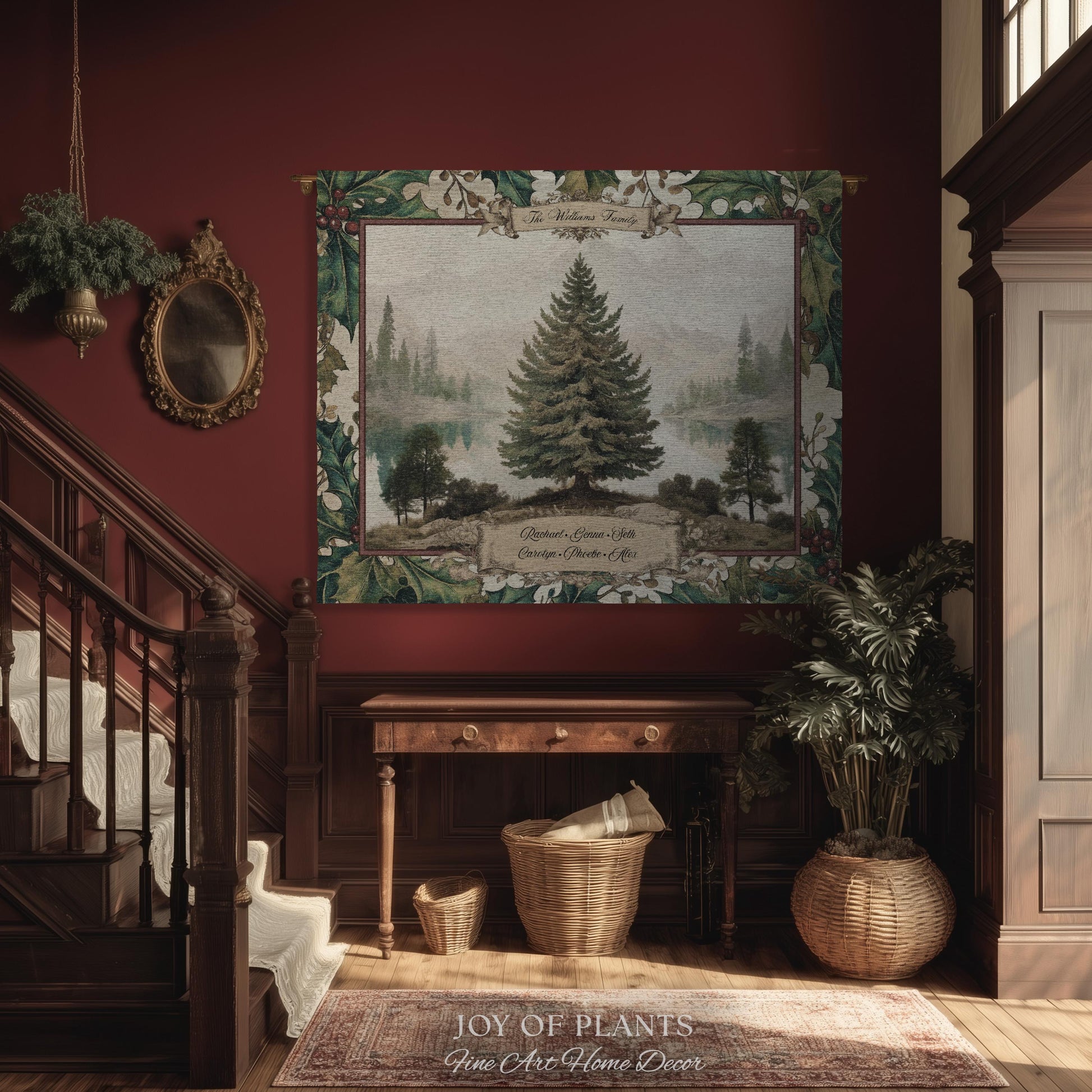 Family Legacy Custom Winter Woodland Woven Wall Hanging Personalized Names Nostalgic Tapestry Throw Ancestral Tree Art Holiday Keepsake Gift