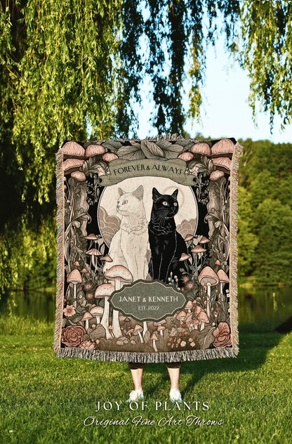 May include: A woven throw blanket featuring a white and black cat illustration, with the words "FOREVER & ALWAYS" above the cats. The blanket also includes the text "JANET & KENNETH EST. 2022". The bottom of the blanket reads "JOY OF PLANTS Original Fine Art Throws".