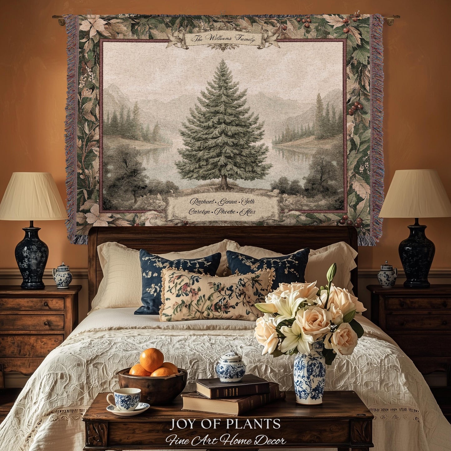 Personalized Family Keepsake Heritage Holiday Tapestry with Names Gift | Custom Heirloom Throw Blanket Scenic Evergreen Woven Wall Hanging