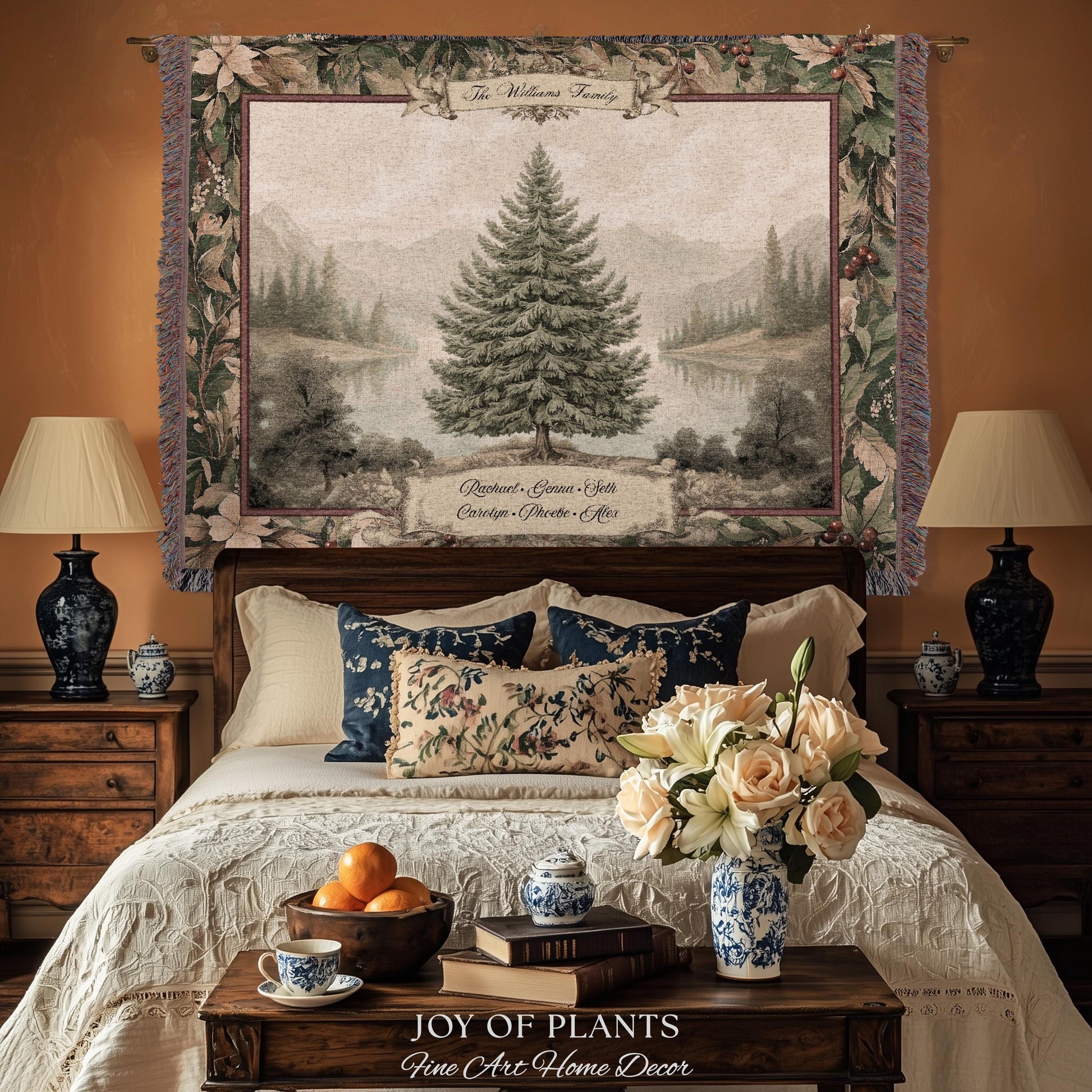 Personalized Family Keepsake Heritage Holiday Tapestry with Names Gift | Custom Heirloom Throw Blanket Scenic Evergreen Woven Wall Hanging
