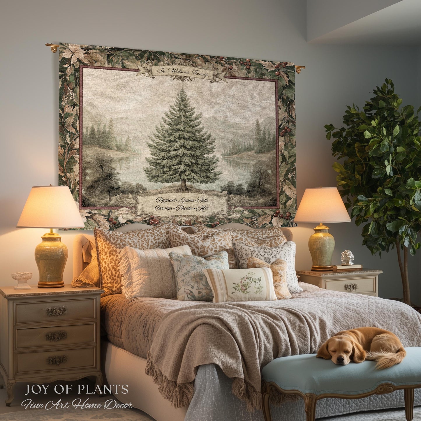 Personalized Family Keepsake Heritage Holiday Tapestry with Names Gift | Custom Heirloom Throw Blanket Scenic Evergreen Woven Wall Hanging