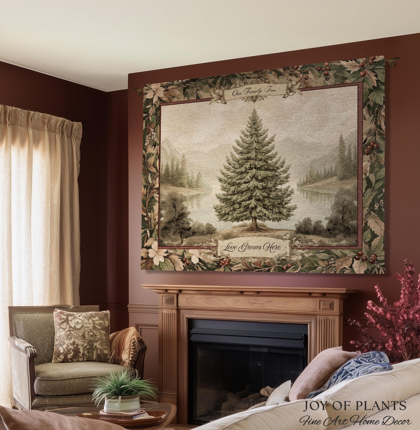 Personalized Family Keepsake Heritage Holiday Tapestry with Names Gift | Custom Heirloom Throw Blanket Scenic Evergreen Woven Wall Hanging