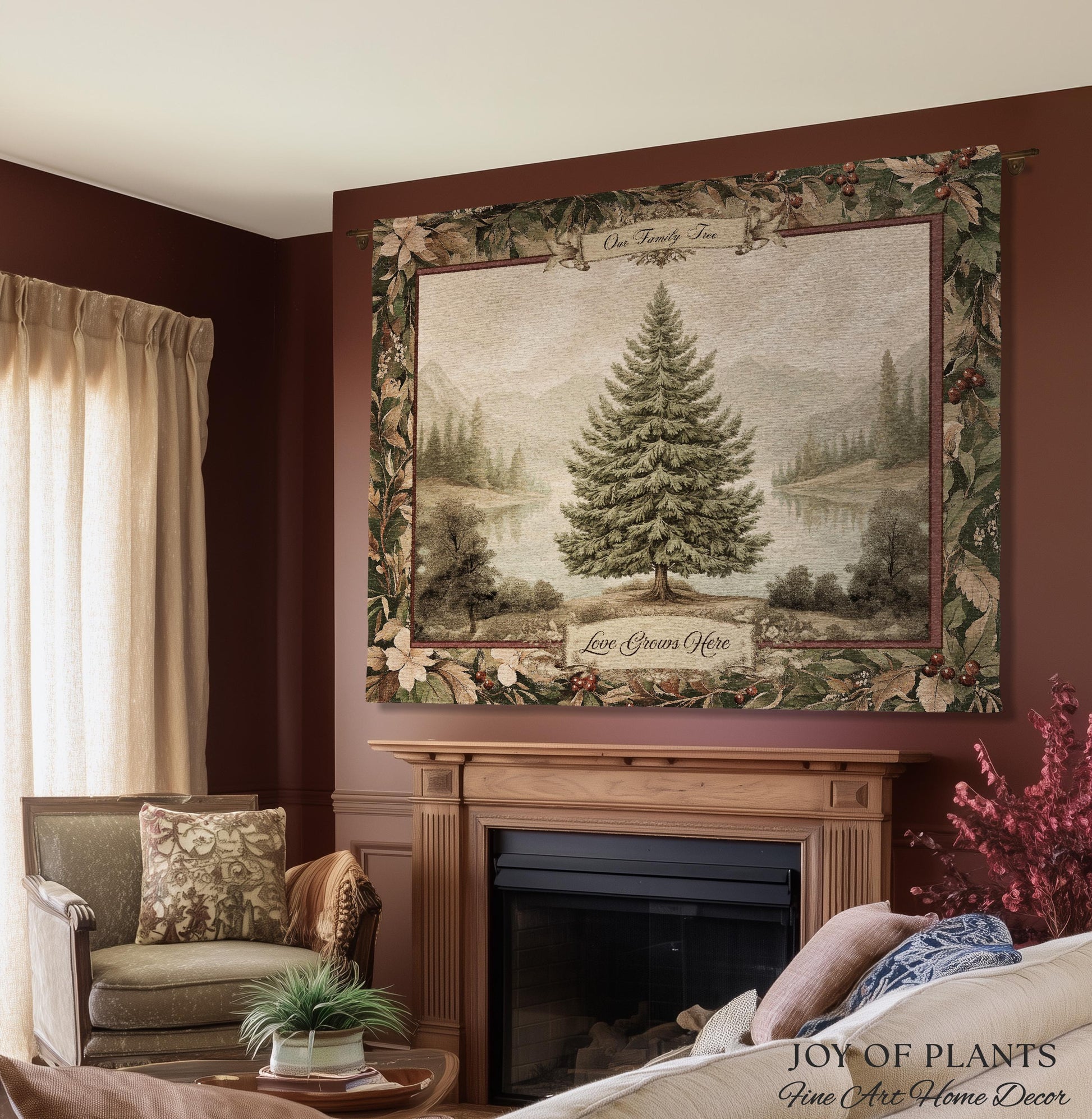 Personalized Family Keepsake Heritage Holiday Tapestry with Names Gift | Custom Heirloom Throw Blanket Scenic Evergreen Woven Wall Hanging