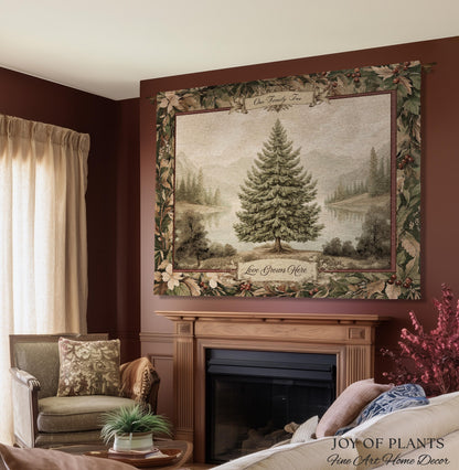 Personalized Family Keepsake Heritage Holiday Tapestry with Names Gift | Custom Heirloom Throw Blanket Scenic Evergreen Woven Wall Hanging