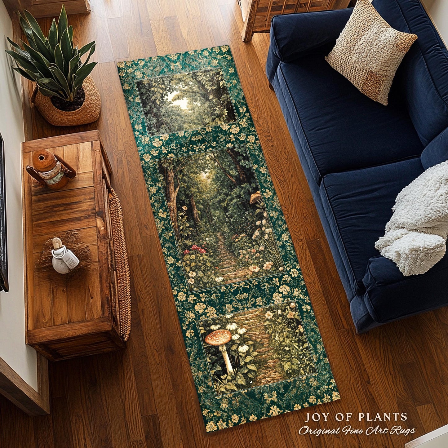 May include: A rectangular runner rug with a forest scene design. The rug features three panels with images of a path through a forest, framed by a floral border. The rug is green, brown, and beige.