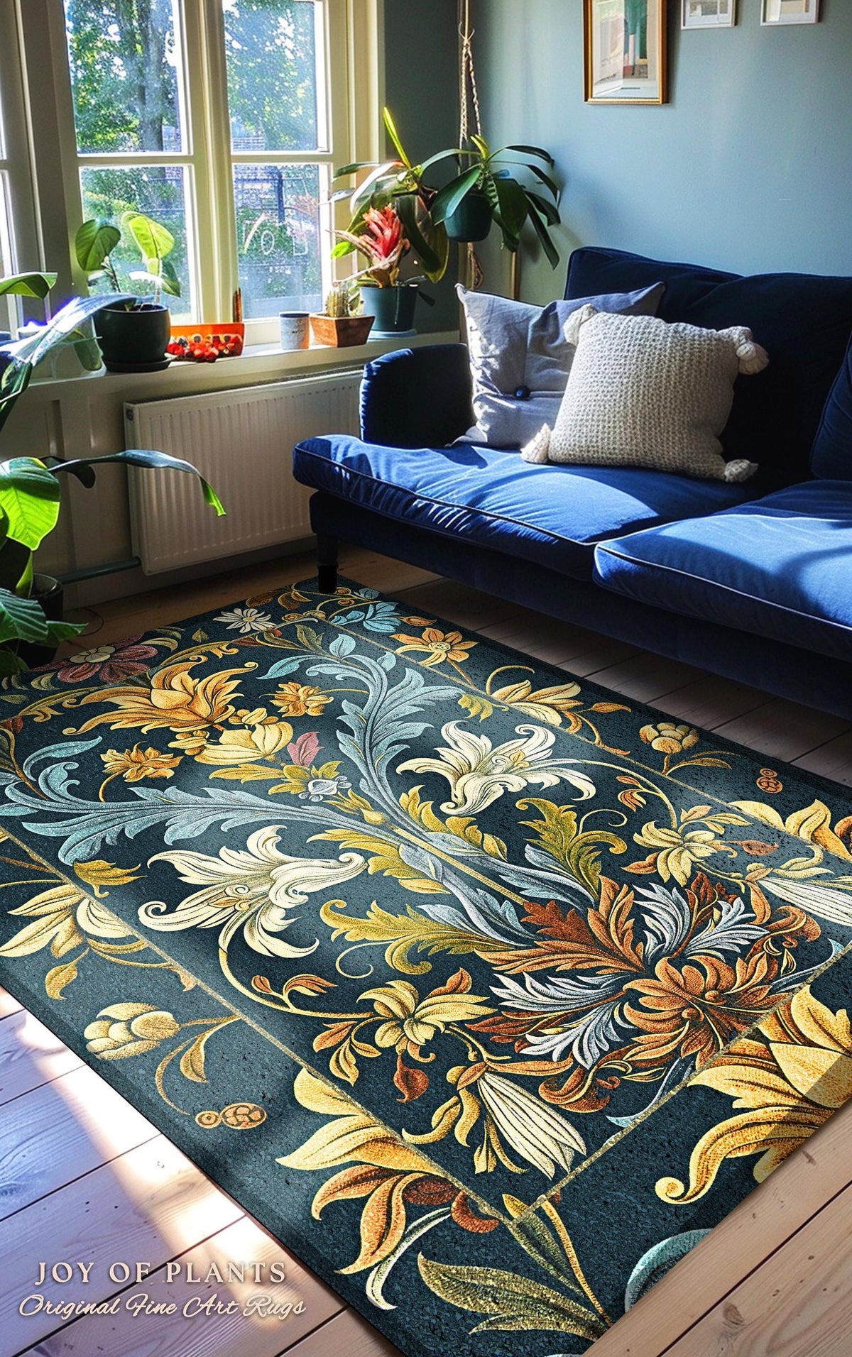 May include: A rectangular area rug with a dark teal background and a floral design in shades of yellow, gold, white, and blue. The rug is placed in a living room with a blue sofa and a window.