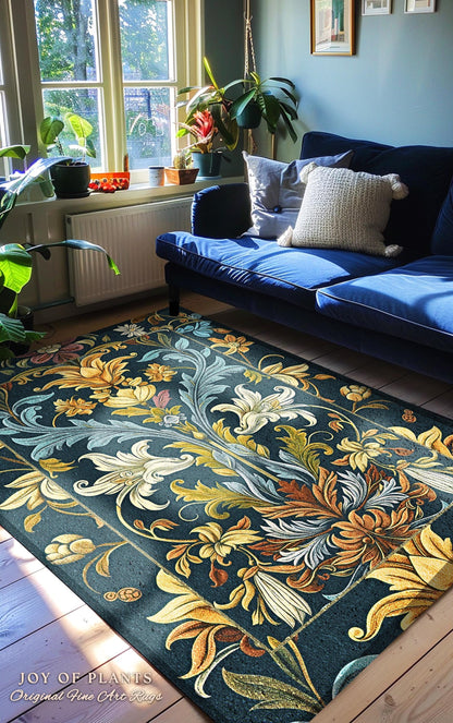 May include: A rectangular area rug with a dark teal background and a floral design in shades of yellow, gold, white, and blue. The rug is placed in a living room with a blue sofa and a window.