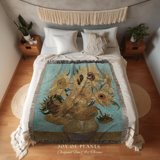Van Gogh Sunflower Woven Tapestry | Wildflowers Woven Blanket | Custom Painting Blanket | Dark Academia Decor | Fine Art Woven Blanket Gift