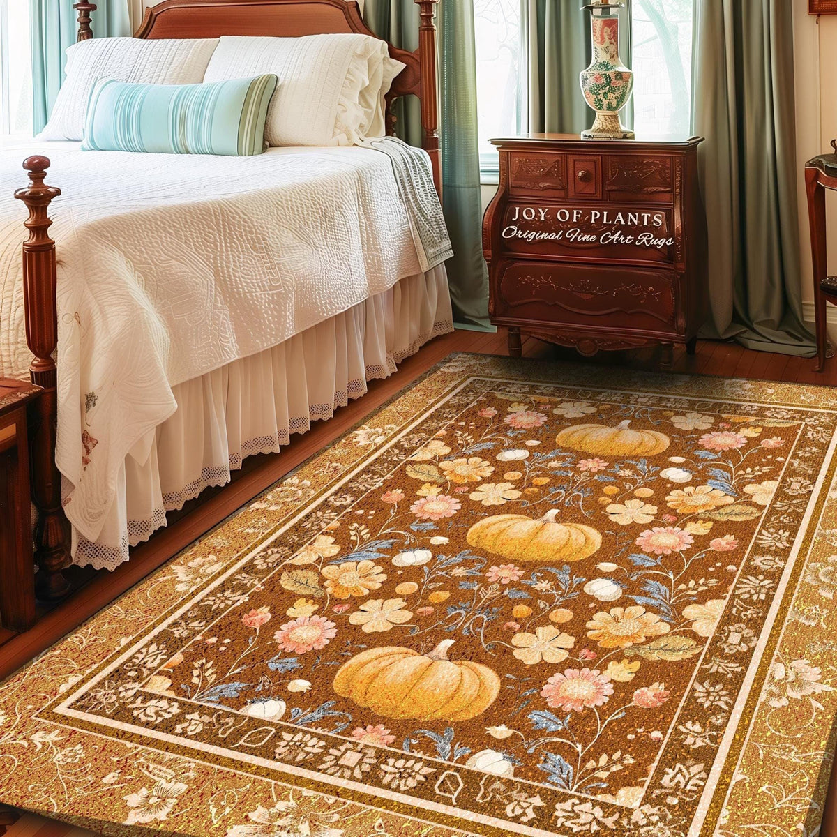 Vintage Rust Orange Pumpkin Rug Rustic Fall Decor | Autumn Floral Cottagecore Pumpkin Farmhouse Rug Retro Whimsical Harvest Earth Tone Rug