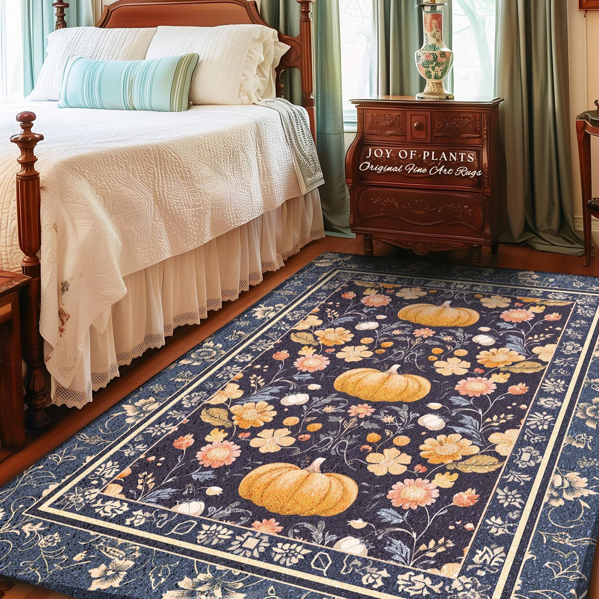May include: A navy blue rectangular rug with a floral and pumpkin pattern. The rug features a cream border and a repeating design of orange pumpkins and yellow and peach flowers. The rug is placed in a bedroom setting.