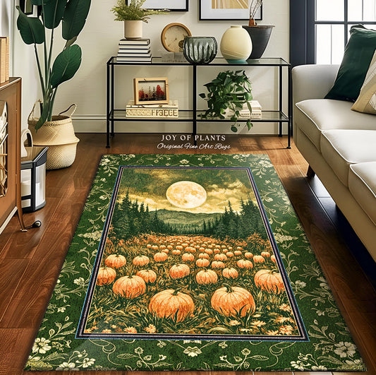 May include: A rectangular green rug with a pumpkin patch scene under a full moon. The rug has a dark green border with floral patterns and the text "JOY OF PLANTS Original Fine Art Rugs". The pumpkins are orange and the sky is yellow.
