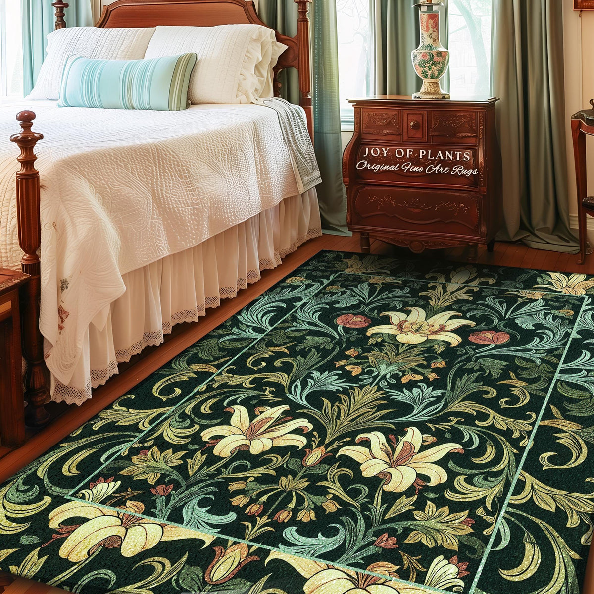 May include: A rectangular area rug with a floral pattern in shades of black, green, yellow, and red. The rug features large lily-like flowers and scrolling foliage. The text "JOY OF PLANTS Original Fine Art Rugs" is visible on a wooden nightstand.