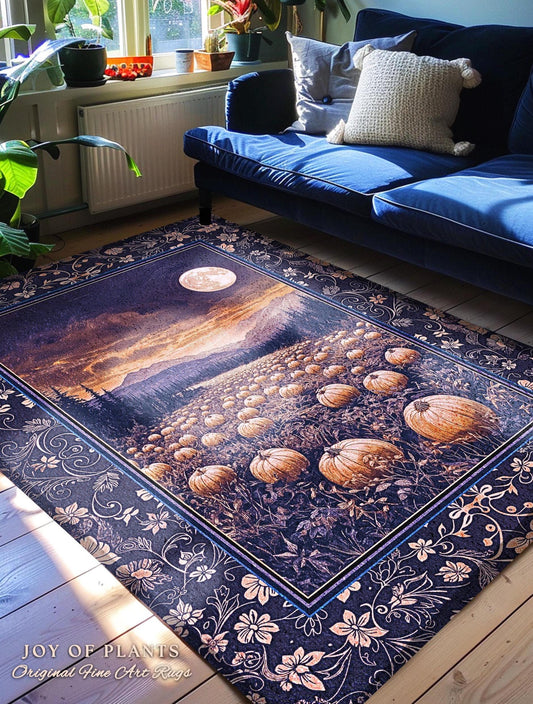 Midnight Purple Moonlit Autumn Rug | Cozy Pumpkin Decor Rustic Halloween Aesthetic Whimsigoth Dark Academia Fall Vibes Witchy Room Accent |