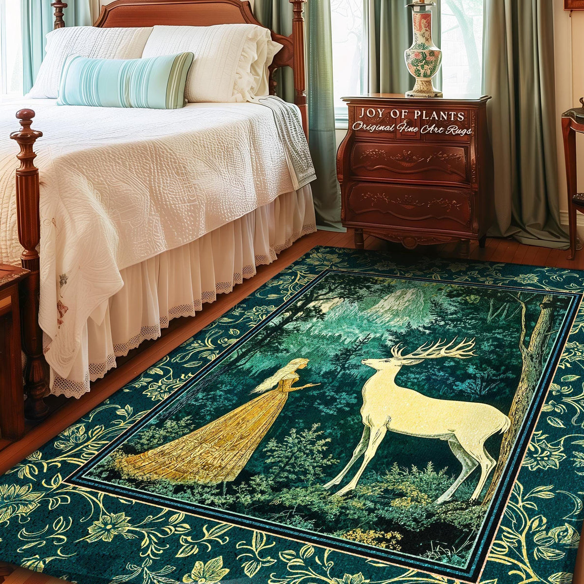 May include: A rectangular area rug with a forest scene featuring a woman in a gold dress and a white deer. The rug has a dark teal background with a floral border and the text "JOY OF PLANTS Original Fine Art Rugs".