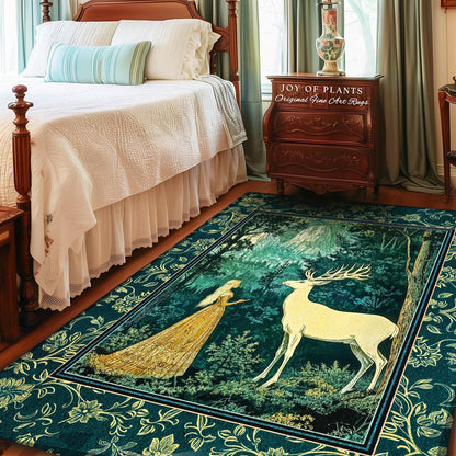 May include: A rectangular area rug with a forest scene featuring a woman in a gold dress and a white deer. The rug has a dark teal background with a floral border and the text "JOY OF PLANTS Original Fine Art Rugs".