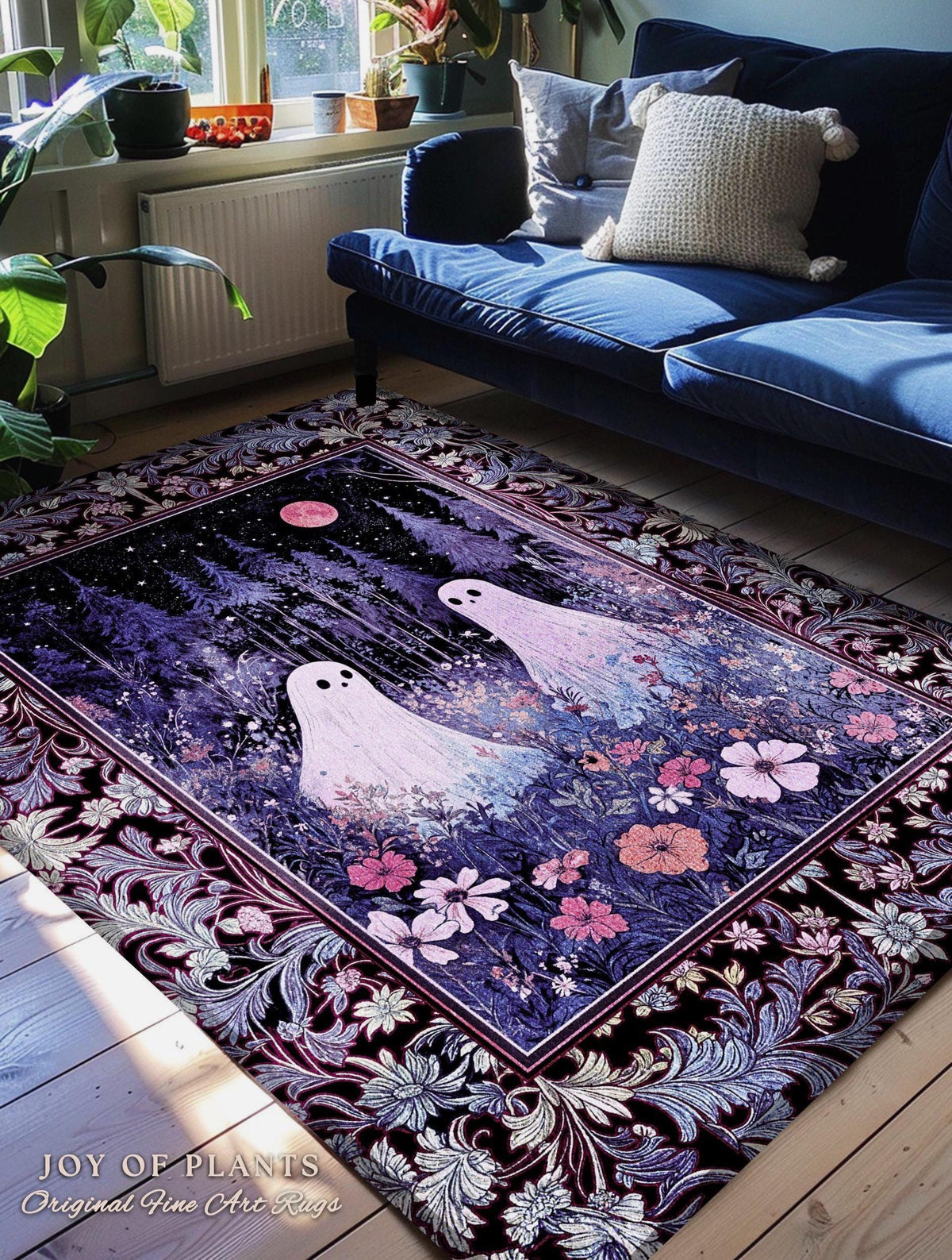 Violet Night Ethereal Ghost Area Rug | Moonlit Floral Halloween Aesthetic Gothic Pastel Ghost Home Decor Whimsigoth Cottagecore Cozy Fall |