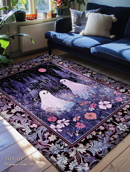 Violet Night Ethereal Ghost Area Rug | Moonlit Floral Halloween Aesthetic Gothic Pastel Ghost Home Decor Whimsigoth Cottagecore Cozy Fall |